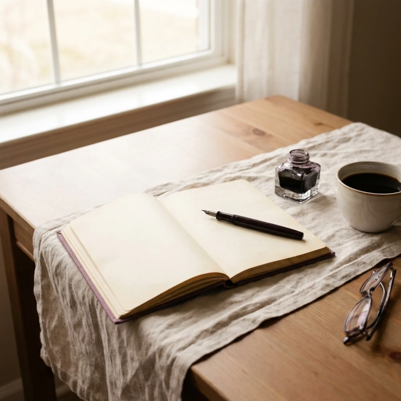 A writing desk in morning light: an open cloth-bound journal with a fountain pen, an inkwell, a cup of coffee, and folded reading glasses on cream linen.