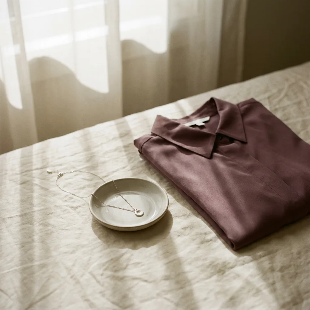 A delicate discreet day-collar necklace beside a folded blouse on cream linen.