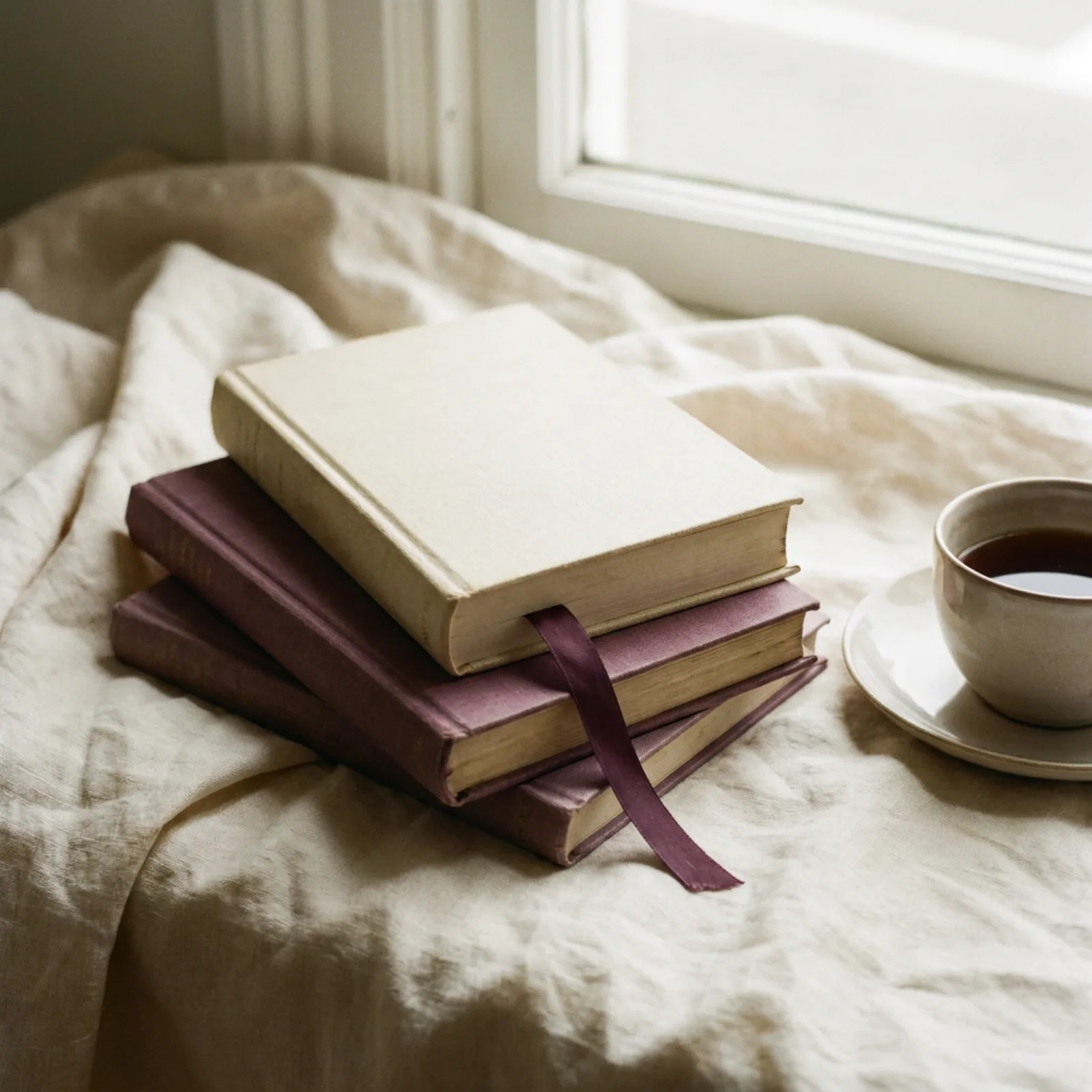 A small stack of cloth-bound books with a plum ribbon bookmark beside a cup of tea on cream linen, natural morning light.