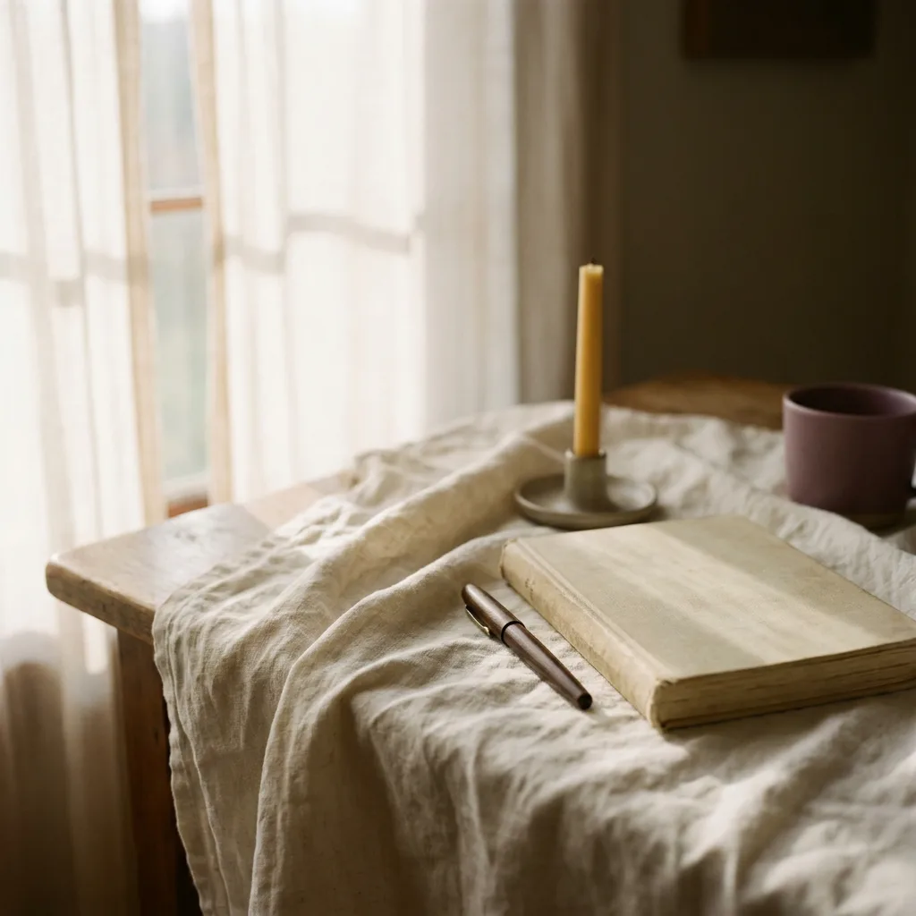 A still-life of an open journal, a fountain pen, and a single unlit candle resting on rumpled cream linen near a window, lit by soft morning light in vellum-cream and muted-plum tones.
