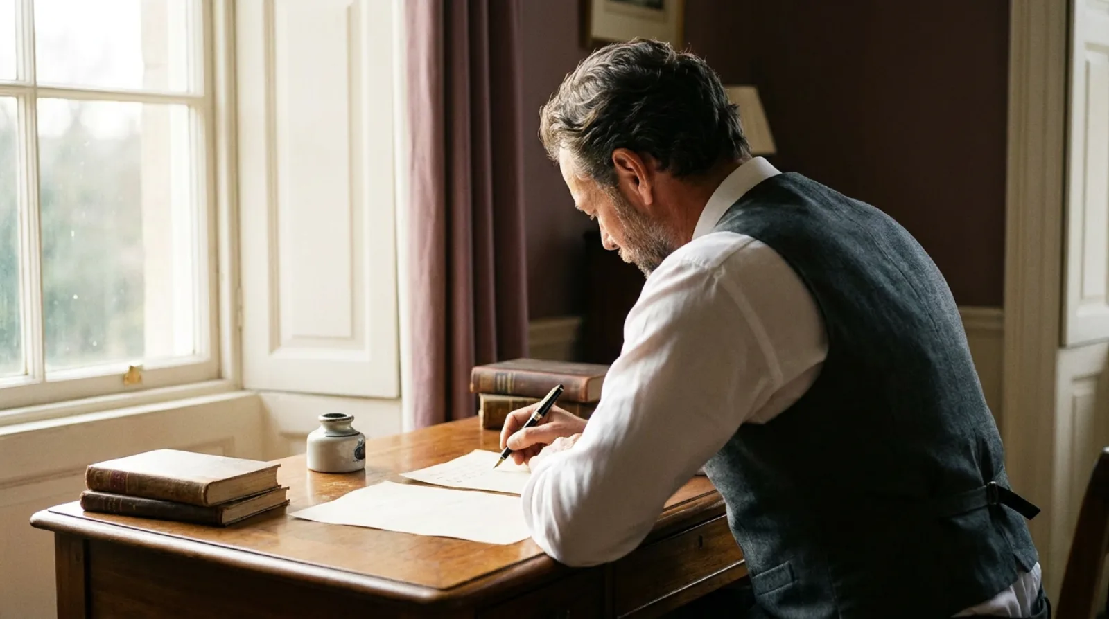 Sir Linus at a writing desk by a window, seen from behind in a grey waistcoat, answering a letter with a fountain pen.