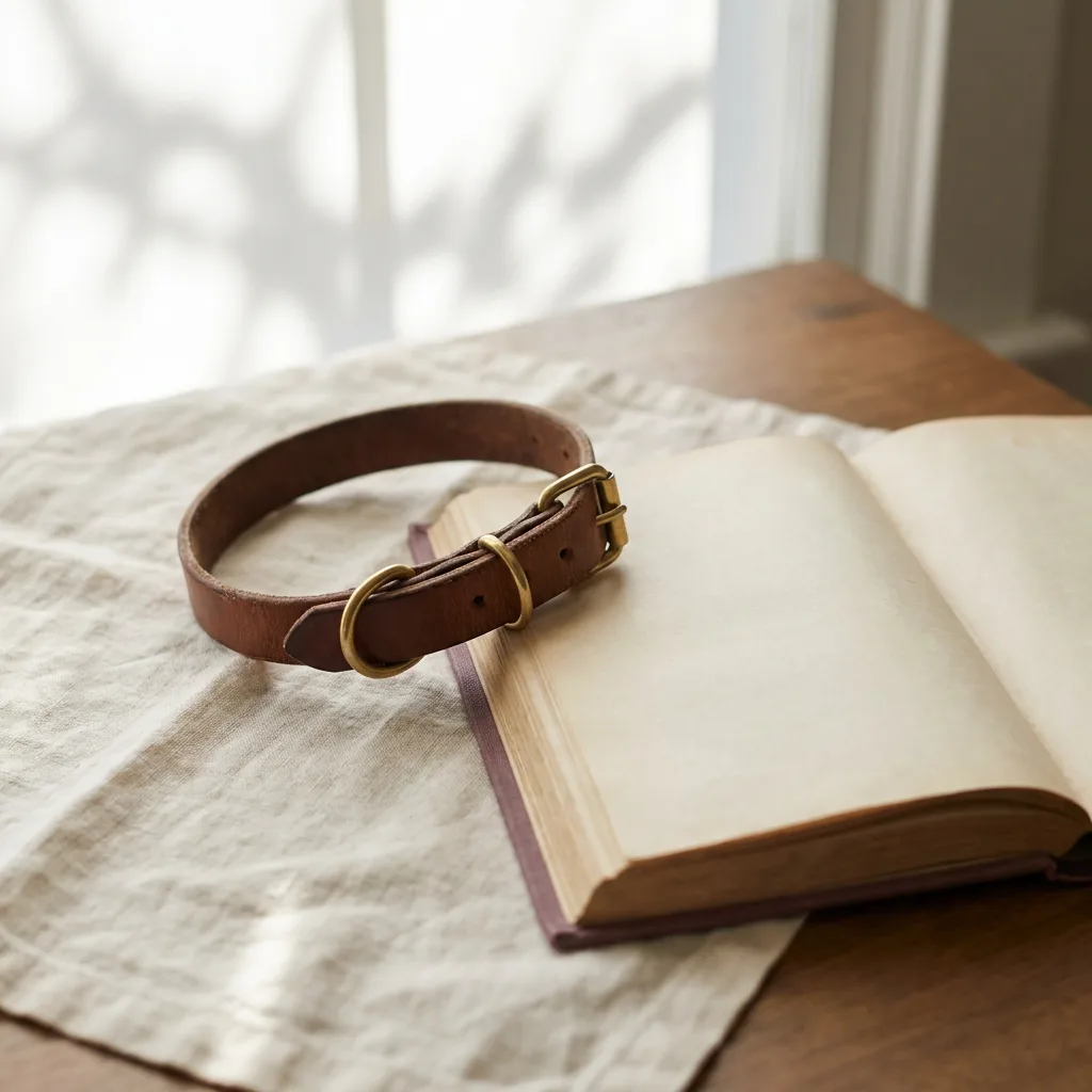 A leather day-collar resting on cream linen beside an open book in soft window light.