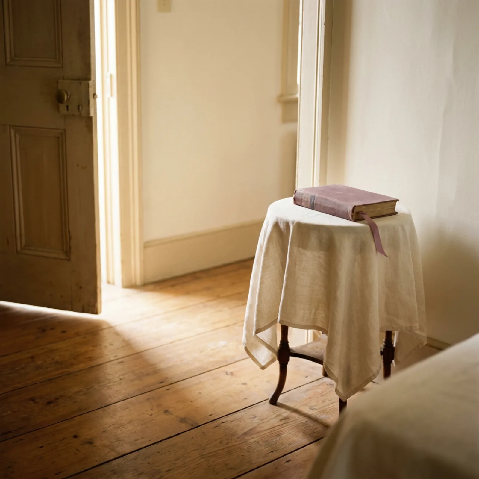 Morning light through a slightly open door laying a warm path across wooden floorboards toward a small linen-covered table holding a cloth-bound book with a plum ribbon.