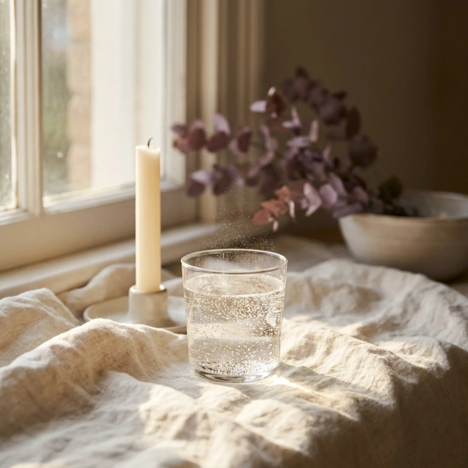 A glass of sparkling water catching bright morning light beside an unlit candle on cream linen, natural shallow depth of field.
