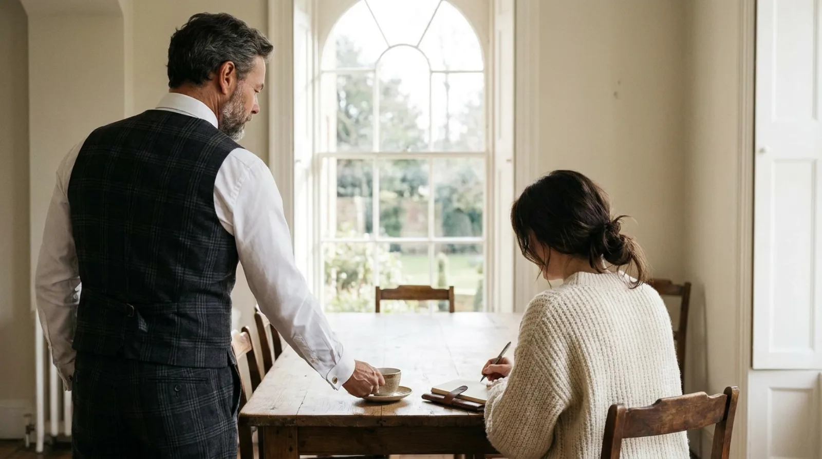 A man in a grey waistcoat quietly setting a cup of tea beside a woman who sits writing in a journal at a table by a tall window, both seen from behind.