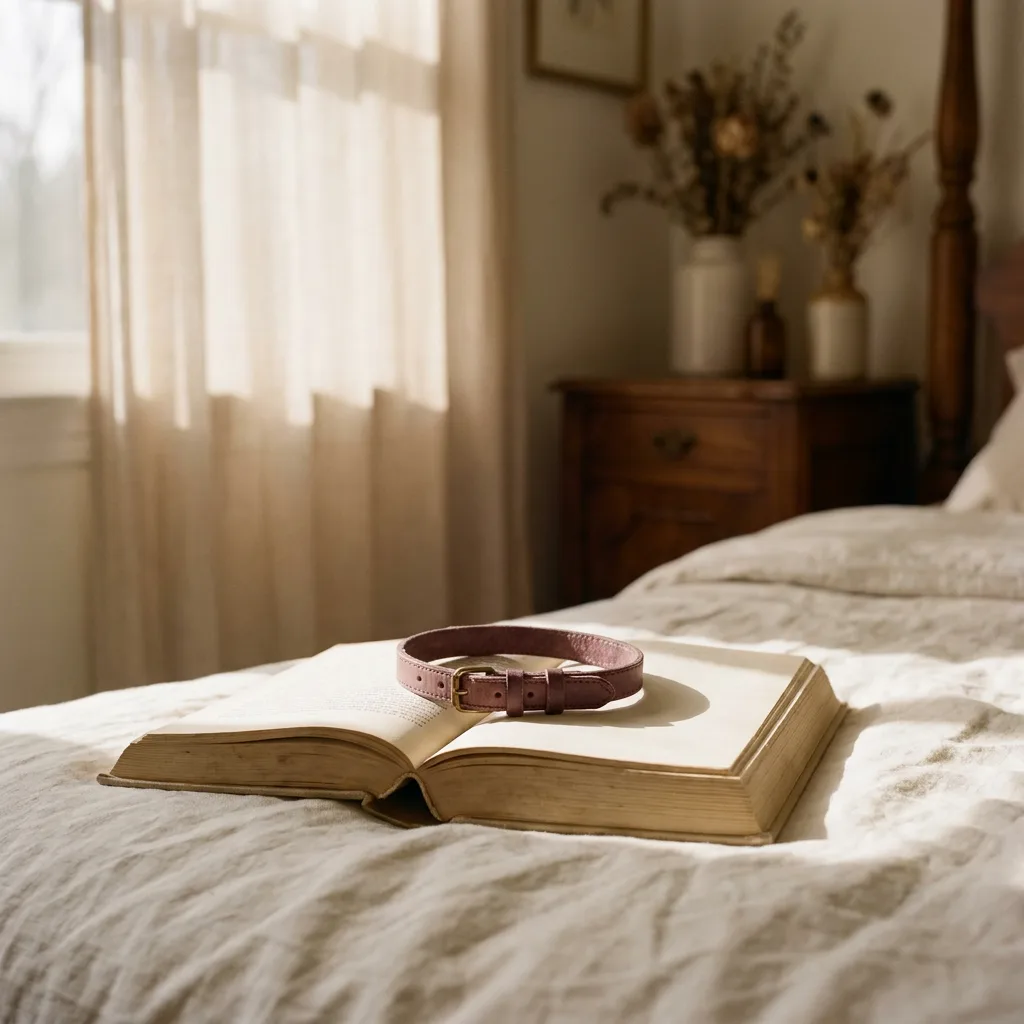 A leather day-collar resting across an open book on cream linen in morning light.