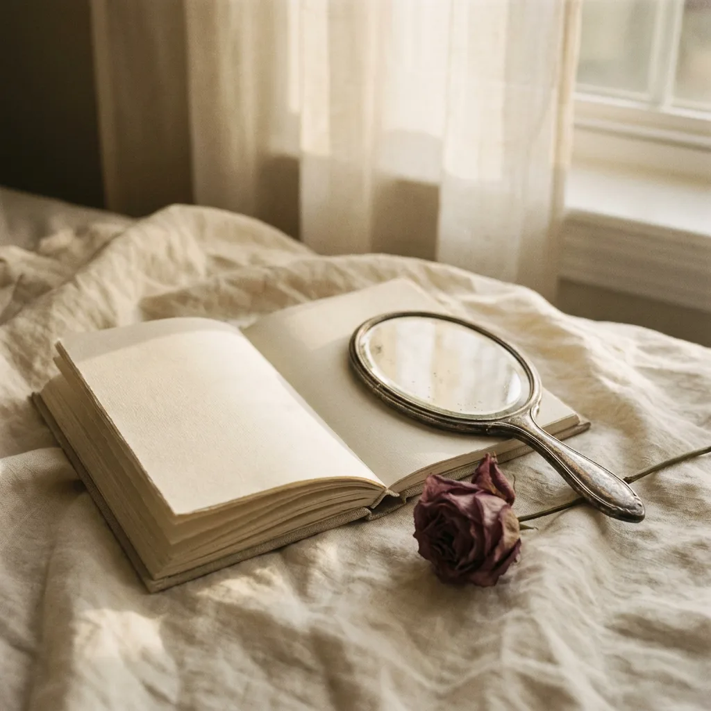 An open cloth-bound journal and a small hand mirror on cream linen in soft morning light.
