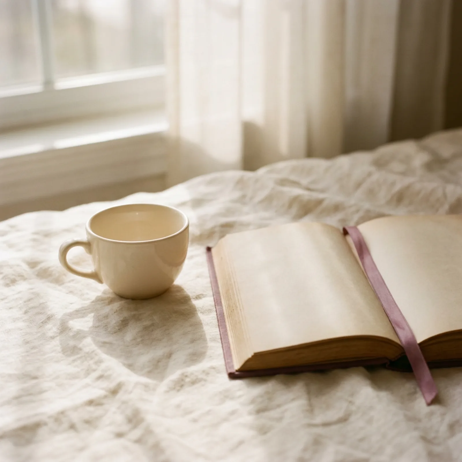 A single cream teacup and an open book with a plum ribbon resting on rumpled linen in soft morning light, lit by natural window light.