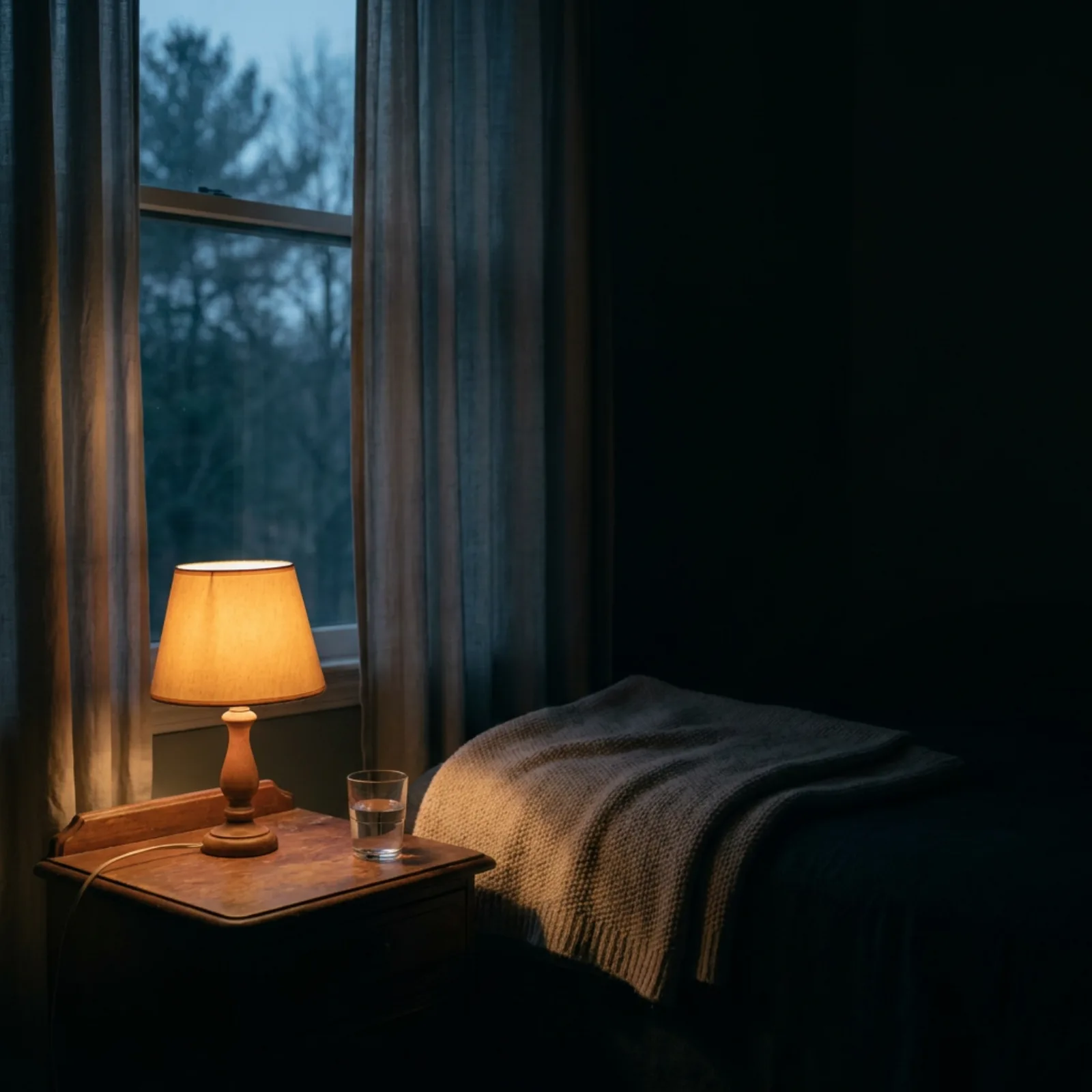 A folded wool blanket and a glass of water in a pool of warm lamplight at dusk, the last blue evening light in the window behind.