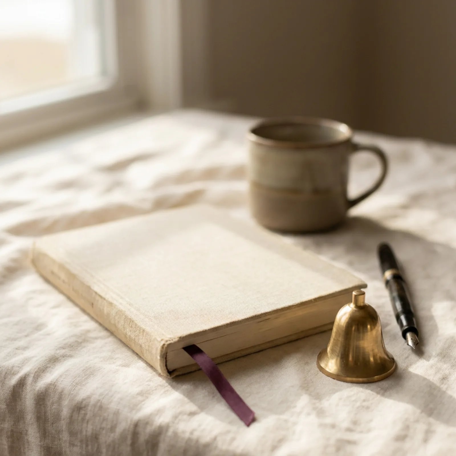A still-life of a practice journal with a ribbon page-marker and a small brass bell resting on cream linen, lit by soft morning light in warm vellum tones.