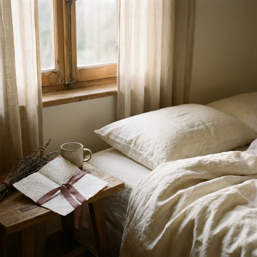 A folded handwritten note tied with a thin plum ribbon, resting on rumpled cream linen in soft morning light by a window.